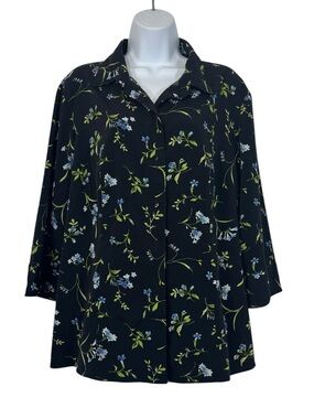 Covington Woman Floral Blouse 16-18W Navy Button Front Lightweight Plus Size